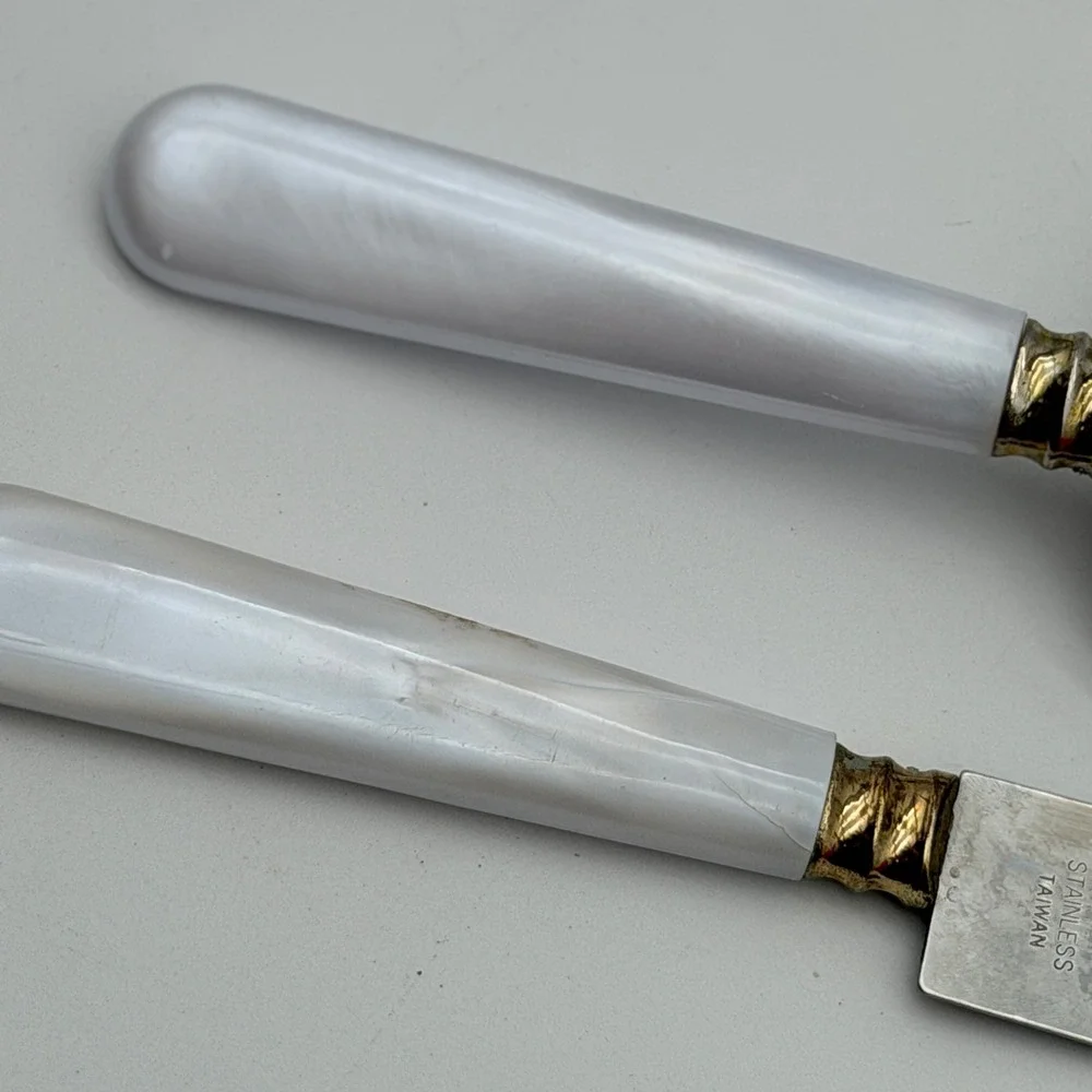 Vintage Stainless Taiwan Cake Knife and Server Set Faux Mother of Pearl Handles